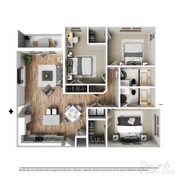 Floor Plan  A floor plan of a small apartment with a kitchen, living room, and bedroom.