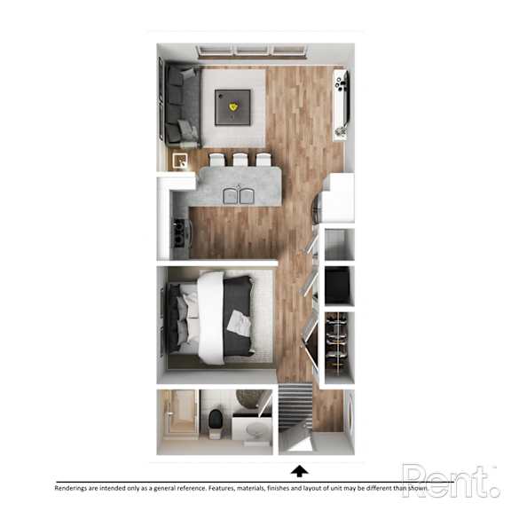 A top-down view of a bedroom with a bed, dresser, and a small kitchenette.