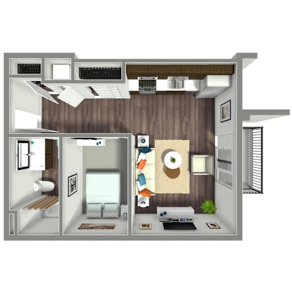 627 SF Studio Floor plan at Nexus at Grays Landing in Des Moines, IA