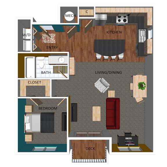798 SF One-Bed One-Bath SF Floor Plan at Pacific West Apartments in Omaha, NE