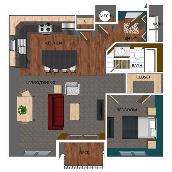 717 SF One-Bed One-Bath Floor Plan at Pacific West Apartments in Omaha, NE