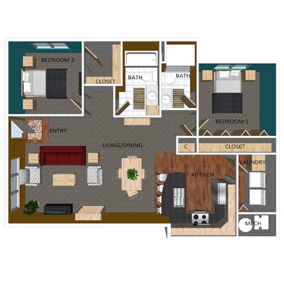 967 SF Two-Bed Two-Bath Floor Plan at Pacific West Apartments in Omaha, NE
