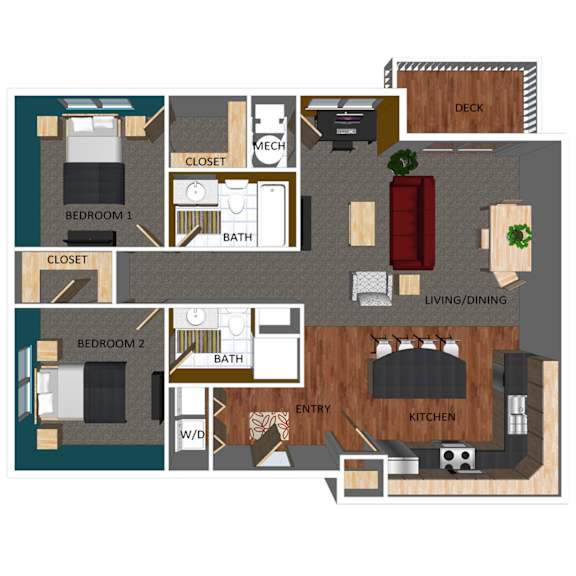 995 SF Two-Bed Two-Bath Floor Plan at Pacific West Apartments in Omaha, NE