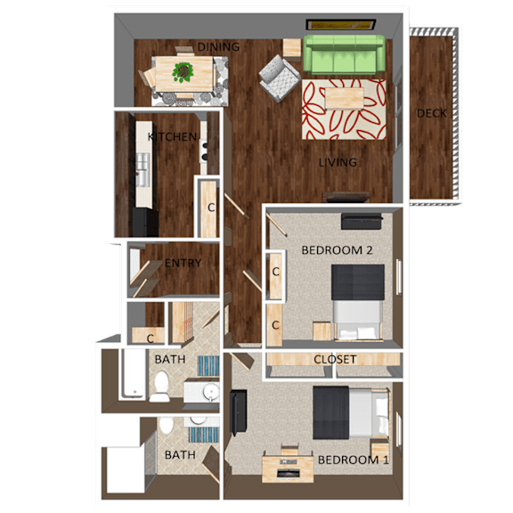 1,000 SF Two-Bed Two-Bath Floor Plan at Pacific West Apartments in Omaha, NE