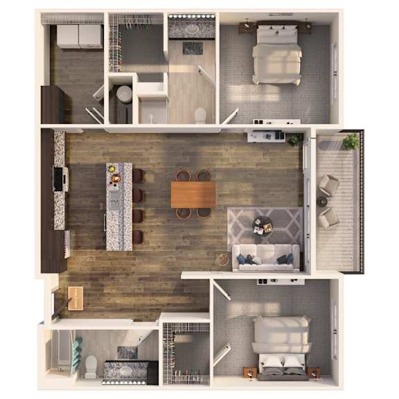 A top-down view of a modern apartment layout with a living room, kitchen, and bedroom.