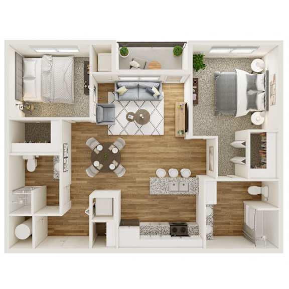 A top-down view of a modern, minimalist apartment with a central kitchen island, a dining area, and a living room.