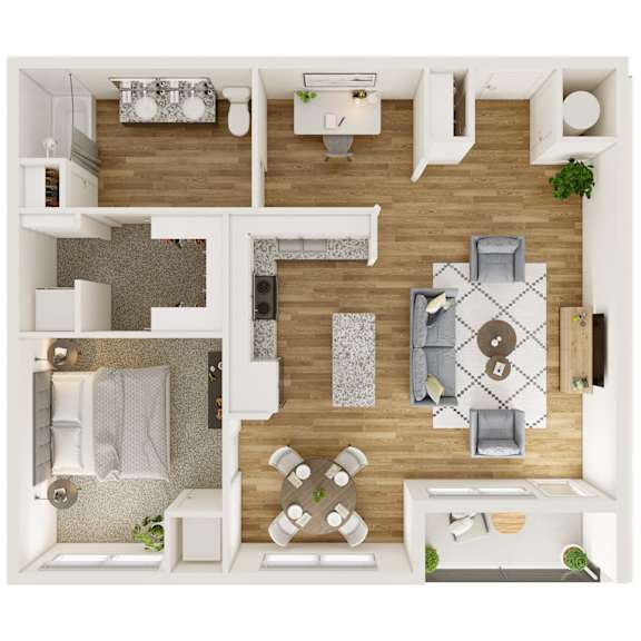 A top-down view of a modern apartment layout with a kitchen, living room, and bathroom.