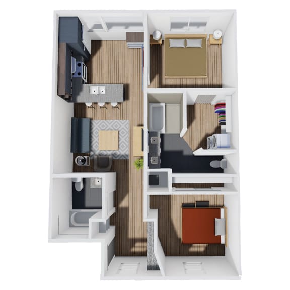 943 SF Two Bed Two Bath Indigo Floor Plan at Red Barn in Bentonville, AR
