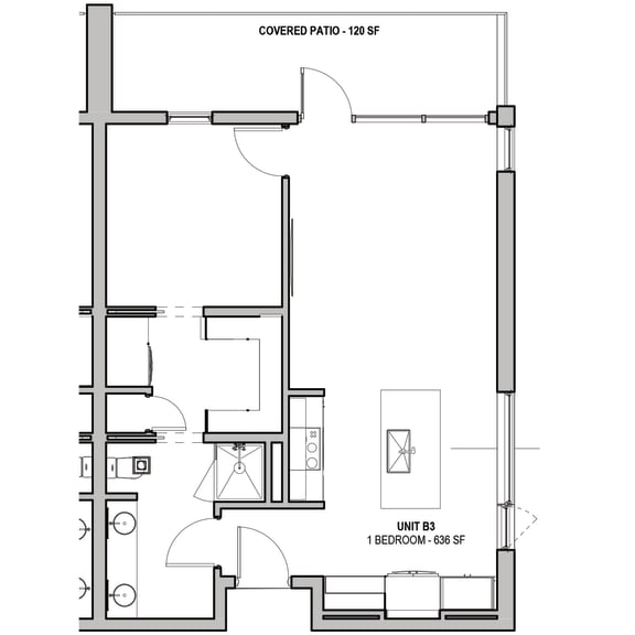 636 SF One Bed One Bath Floor Plan at The Howard East Central in Bentonville, AR