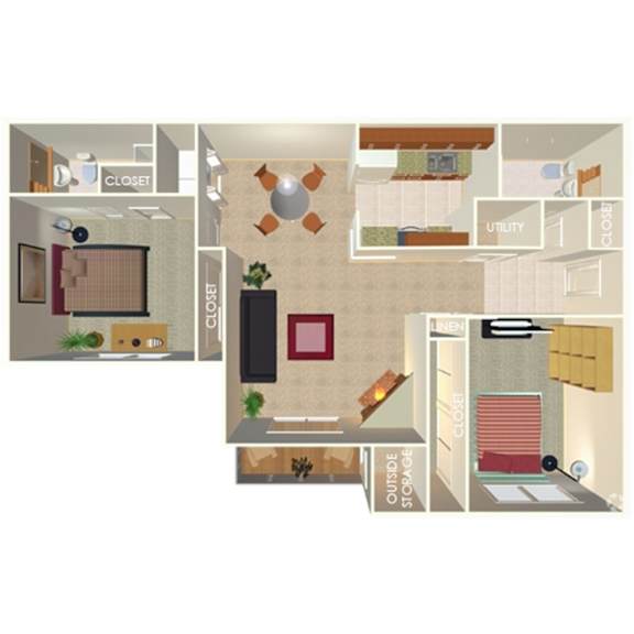 1,105 SF Two Bed Two Bath Floor Plan at The Pointe in La Vista, NE