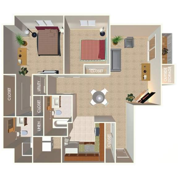 1,125 SF Two Bed Two Bath Floor Plan at The Pointe in La Vista, NE