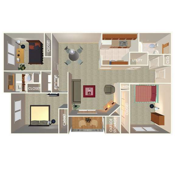 1,250 SF Three Bed Two Bath Floor Plan at The Pointe in La Vista, NE