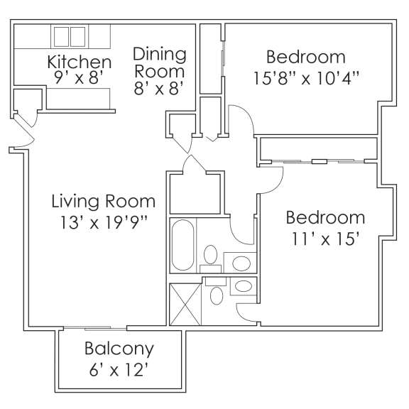 950 SF Two Bedroom Floor Plan at Thomasbrook apartments in Lincoln, NE