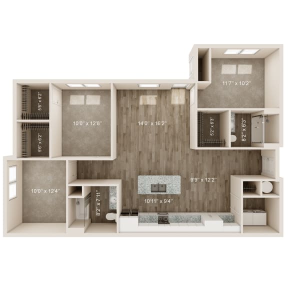 Floor Plan  Three bedroom, 1237 SF floor plan at Tiburon Ridge Apartments in Gretna, NE