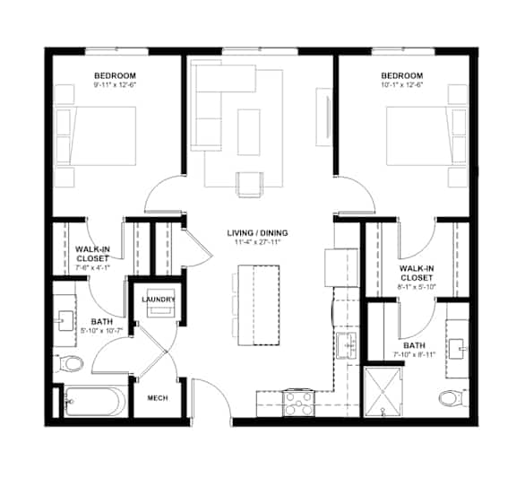 A black and white image of a house floor plan with two bedrooms, a living and dining area, two bathrooms, a laundry room, and a mech.