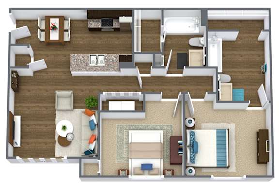 A top-down view of a living room, kitchen, and bedroom in a house.