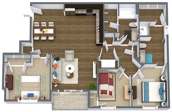 A floor plan of a house with a kitchen, living room, and bedrooms.
