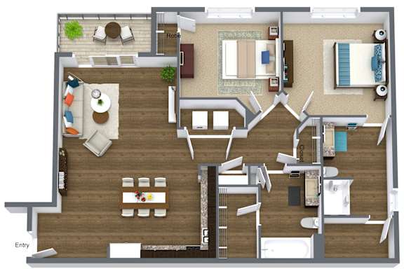 A floor plan of a house with a kitchen, living room, dining room, and bedrooms.