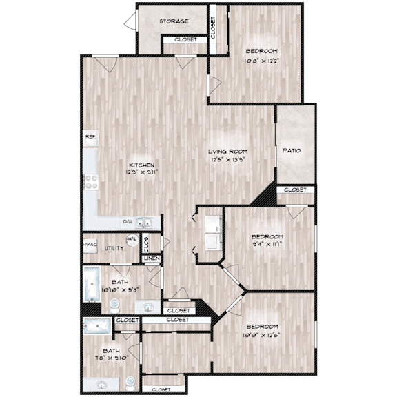 A floor plan of a house with a kitchen, living room, and multiple bedrooms.