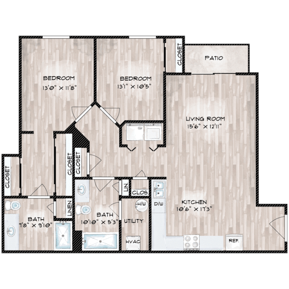 A floor plan of a house with two bedrooms, a living room, a kitchen, a bath, and a utility space.