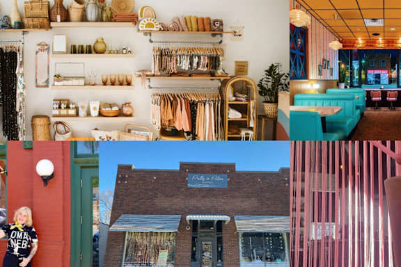 A collage of various images including a clothing store, a cafe, and a building with a sign that reads "My Flower Shop".