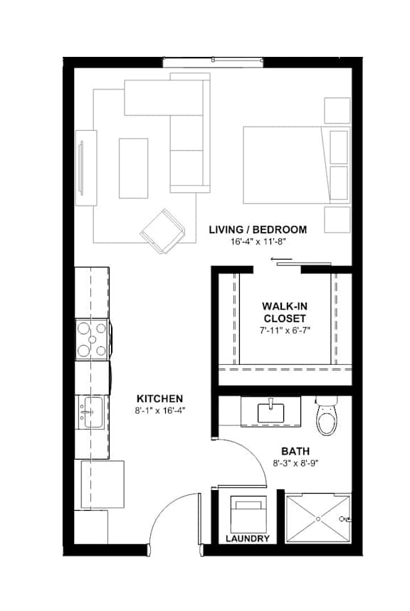 A floor plan of a small apartment with a living room, kitchen, bathroom, laundry, and walk-in closet.