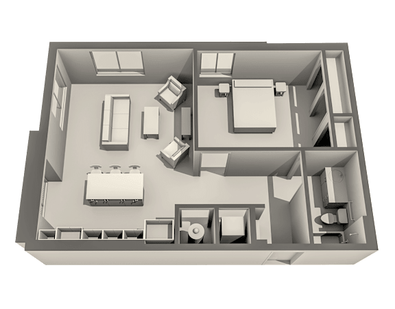 A 3D floor plan of a small apartment with a kitchen, living room, and two bedrooms.