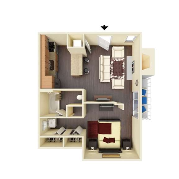 A top down view of a small apartment with a bedroom, living room, and kitchen.