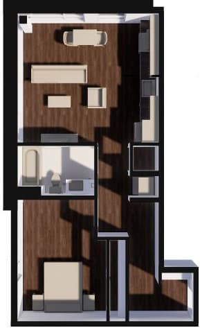 A drawing of a floor plan of a room with a kitchen area.