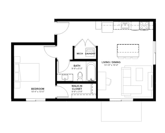 A floor plan of a small apartment with a bedroom, bathroom, laundry room, and living/dining room.