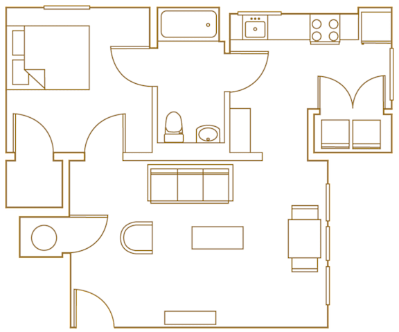 A floor plan of a house with a kitchen, living room, and bathroom.