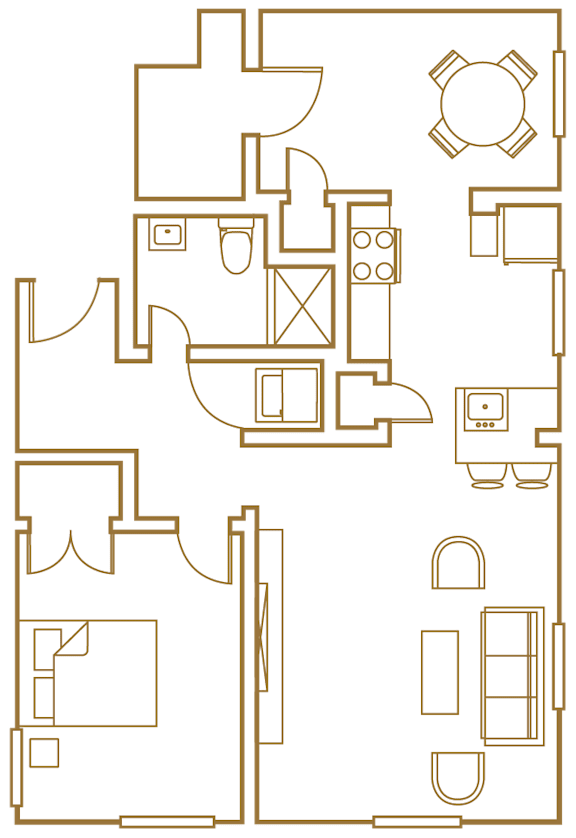 A floor plan of a house with a kitchen, living room, and two bedrooms.