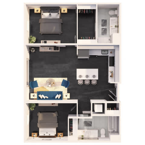 A black and white floor plan of a small apartment with a kitchen, living room, and bathroom.