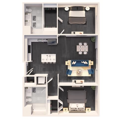 A dollhouse with a grey floor and white walls.