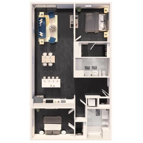 A dollhouse with a black and white color scheme is displayed.
