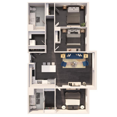 A diagram of a house layout with a kitchen, living room, and two bedrooms.