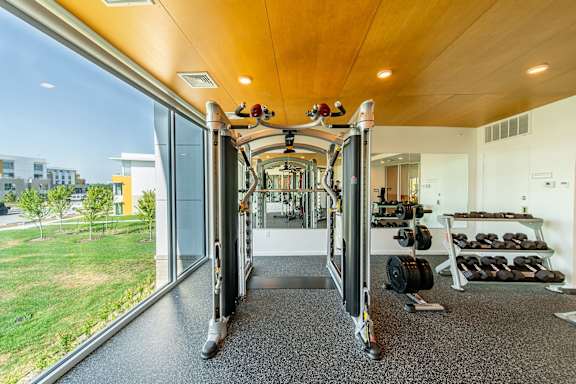 A gym with a view of the outside.