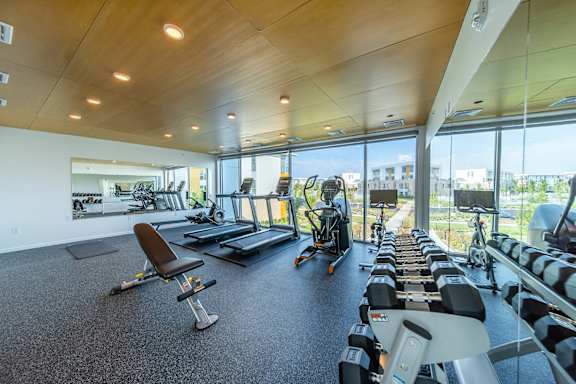 A gym with a variety of equipment including treadmills, weights, and exercise machines.
