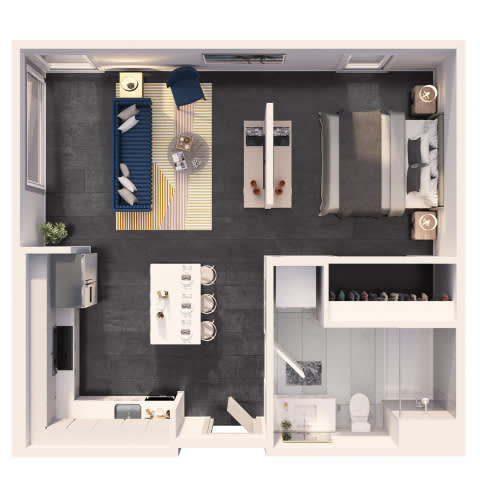A modern bathroom with a toilet, sink, and shelves.