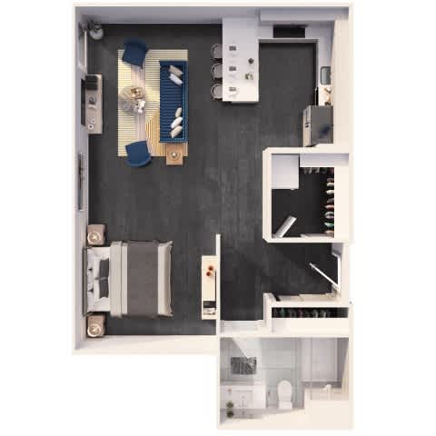 A dollhouse with a black floor and white walls.
