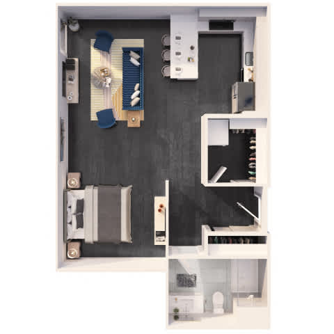 A dollhouse with a black floor and white walls.