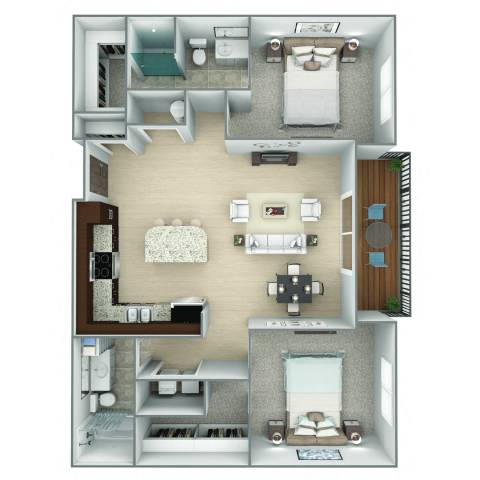 A 3D floor plan of a house with two bedrooms, a living room, a kitchen, and a bathroom.