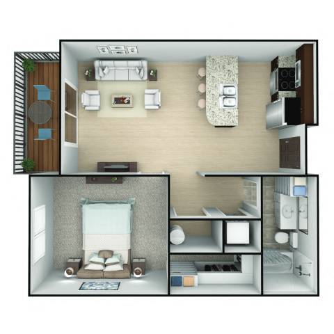 A 3D floor plan of a small apartment with a living room, kitchen, and bedroom.