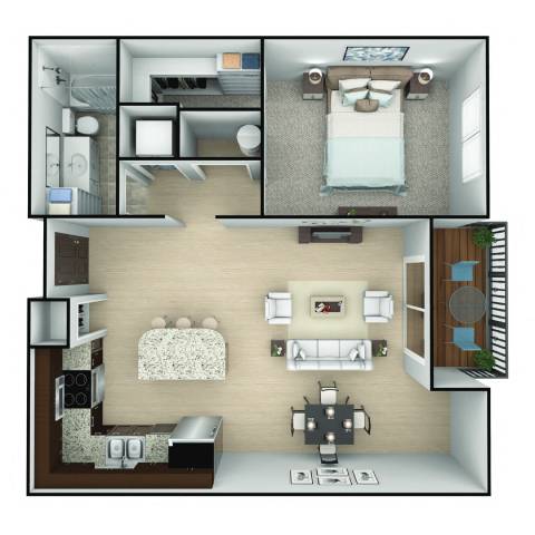 A 3D floor plan of a house showing a kitchen, living room, dining room, and bedrooms.