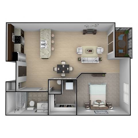 A 3D floor plan of a small apartment with a kitchen, living room, and bedroom.
