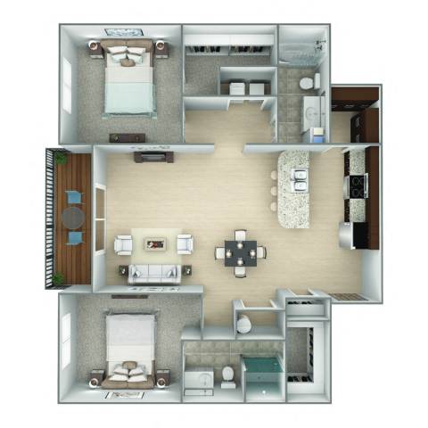 A 3D floor plan of a small apartment with a kitchen, living room, and two bedrooms.