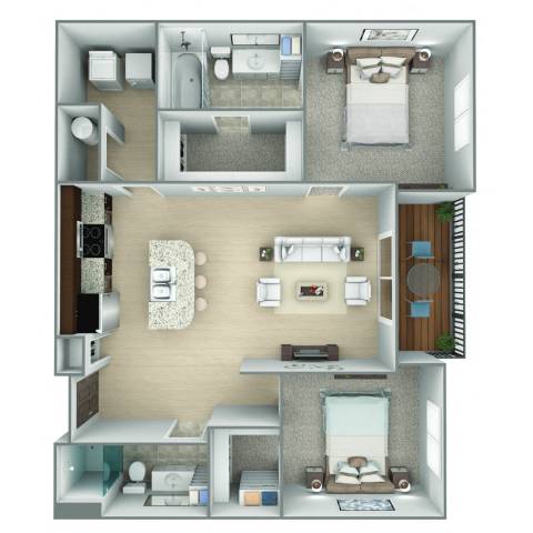 A 3D floor plan of a small apartment with two bedrooms and a living area.
