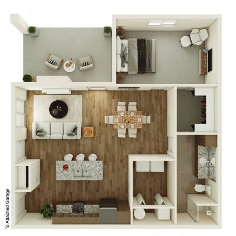 A dollhouse kitchen with a white fridge, brown cabinets, and a white stove.