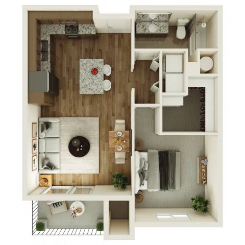 A top-down view of a small apartment with a kitchen, living room, and bathroom.