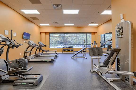 A gym with treadmills, elliptical machines, and a weight machine.